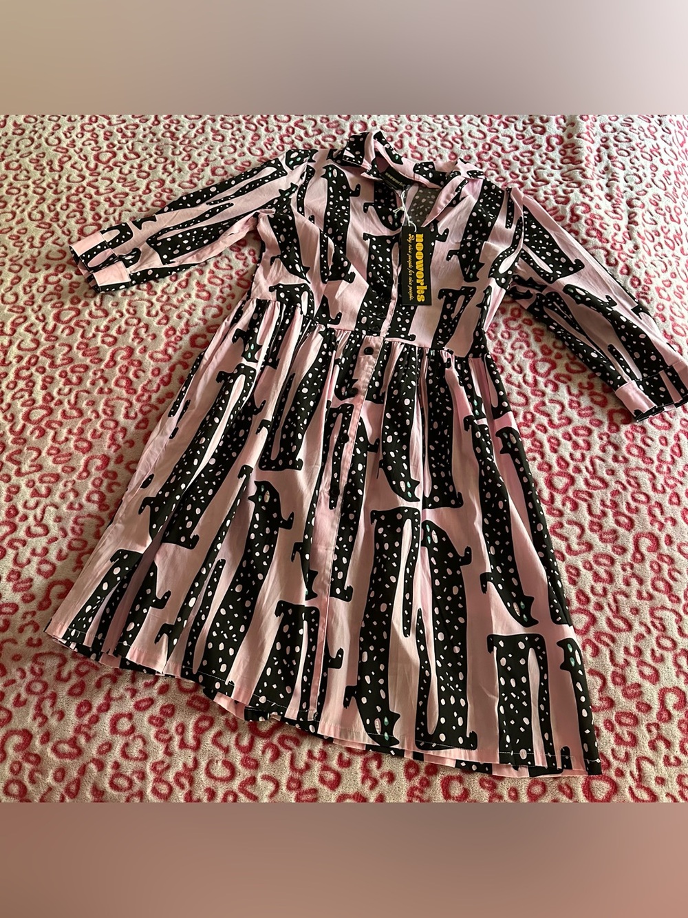 Nooworks Cotton Button Up Pink Long Cat Dress XXL Retro Pockets NWT